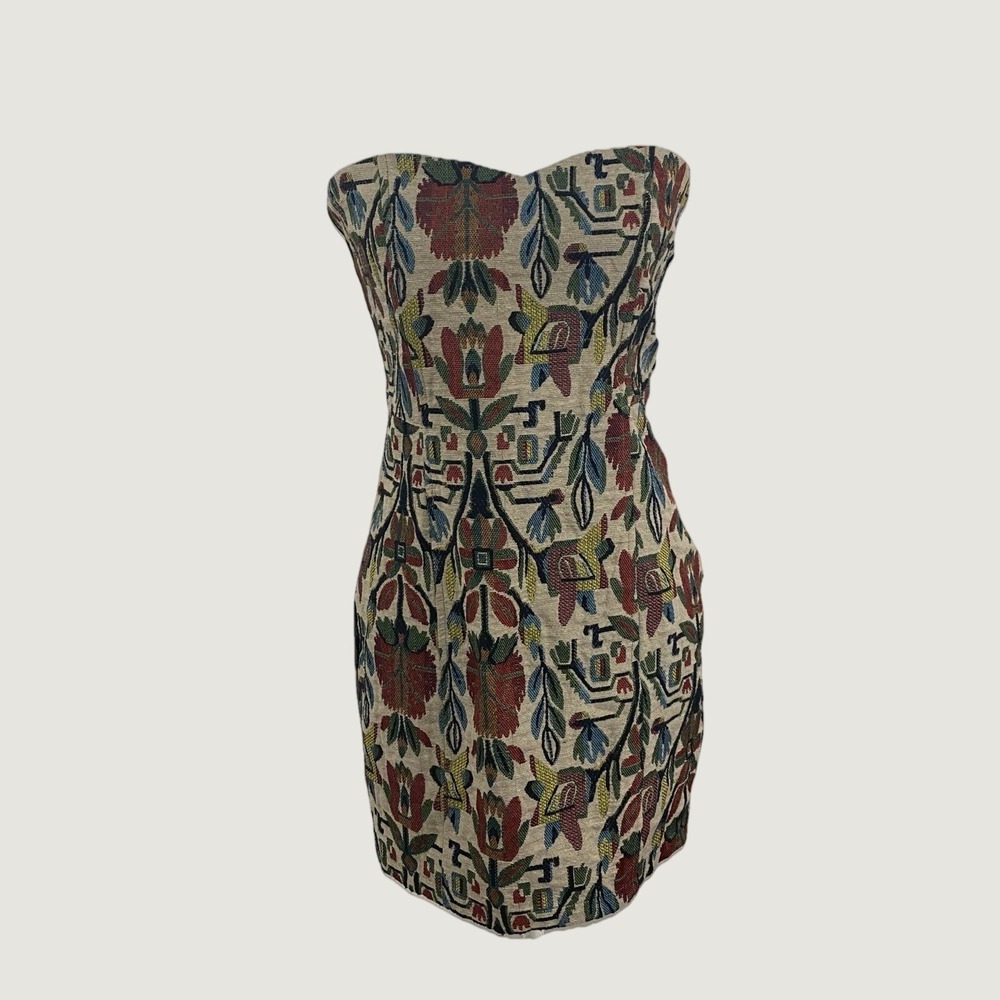 Very J Strapless Linen Blend Textile Patterned Dress, Velvet‎ Back, Size M, NWT